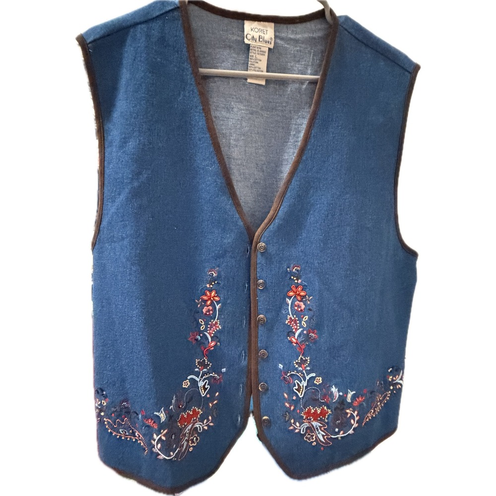 Koret City Blues Denim Floral Embroidered Vest Blue Large 1970954 Vintage Style